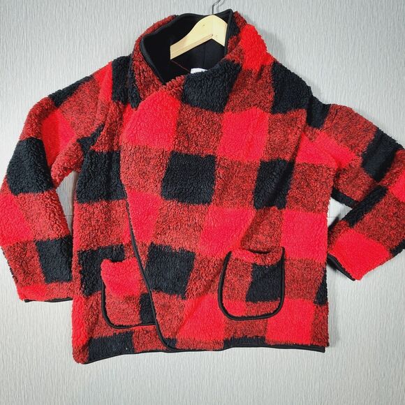Sonoma Sherpa Fleece Open Front Wrap Cardigan Red Buffalo Plaid Womens L - Picture 1 of 10